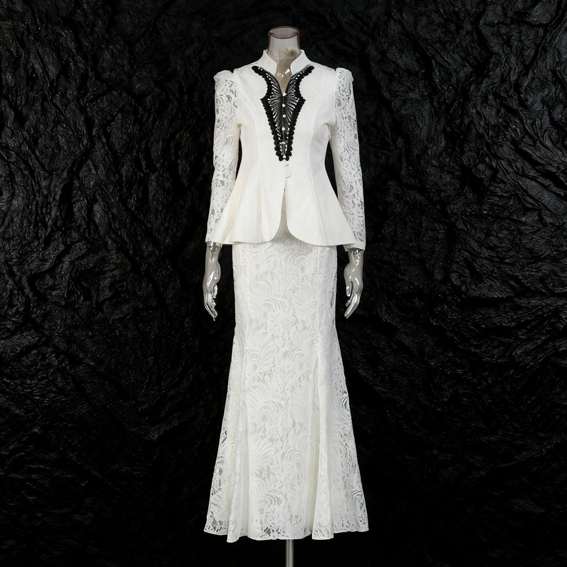 Stand collar lace embroidered waist cinching top+high waisted fishtail skirt