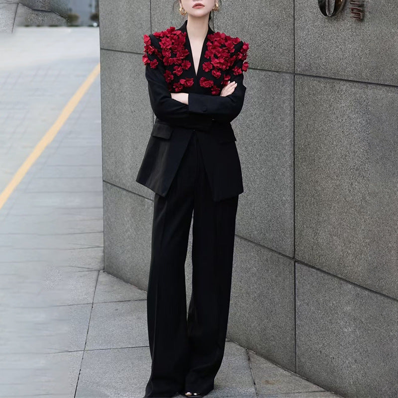 Three dimensional rose V-neck suit+high waisted straight leg pants
