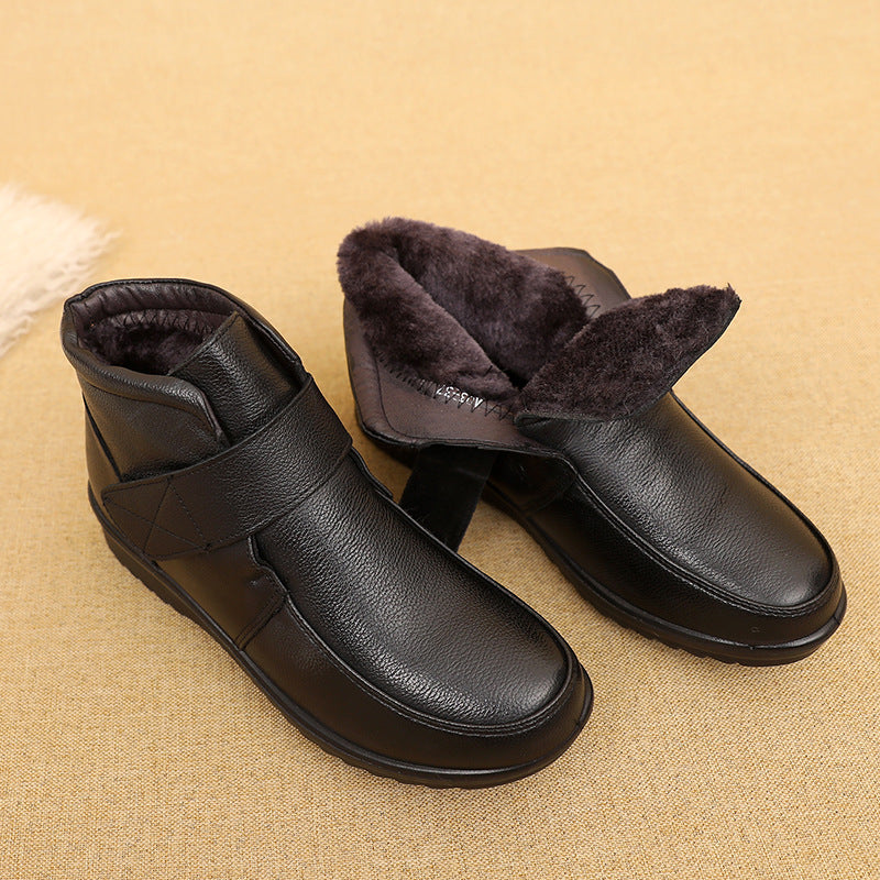 Cotton Shoes Women's Winter Cowhide Middle-aged and Elderly Women's Shoes Thickened Fleece Lined Short Boots Flat Sole Lightweight