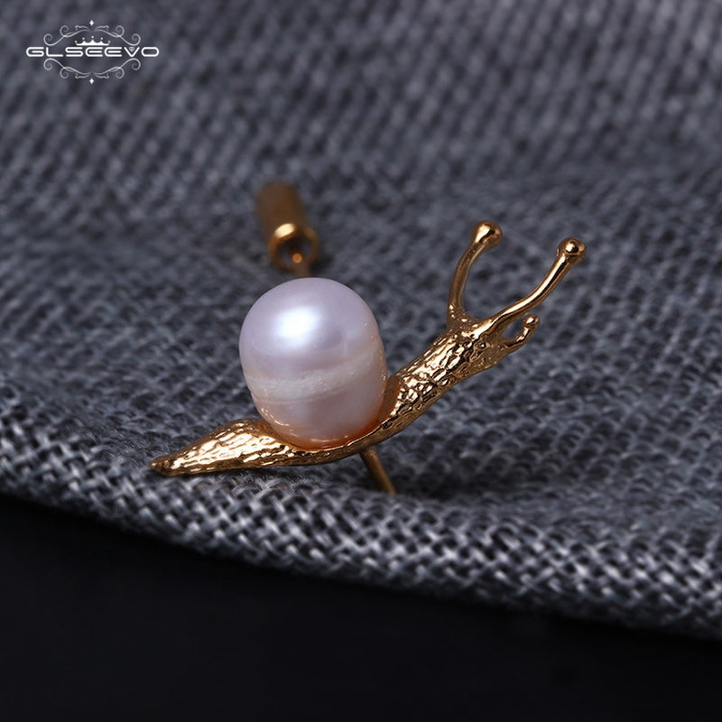 GLSEEVO Snail Pearl Brooch Gift For Daughter Woman Cute Inset Brooches Bijoux Argent 925 Massif Handmade Jewellery Broche
