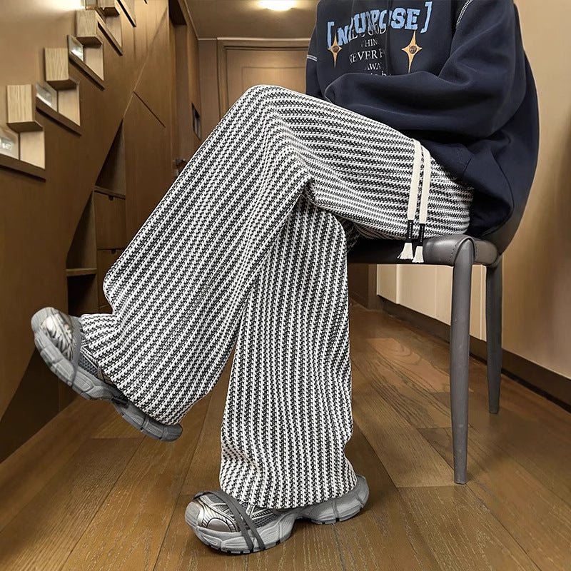 Textured jacquard pants men's autumn winter trendy street style straight loose long pants with drape heavyweight wide-leg casual pants for men