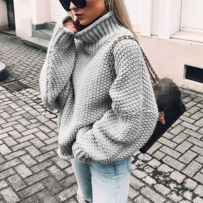 Women's Curled Edge High Collar Bat Sleeve Knitted Sweater with Thick Thread