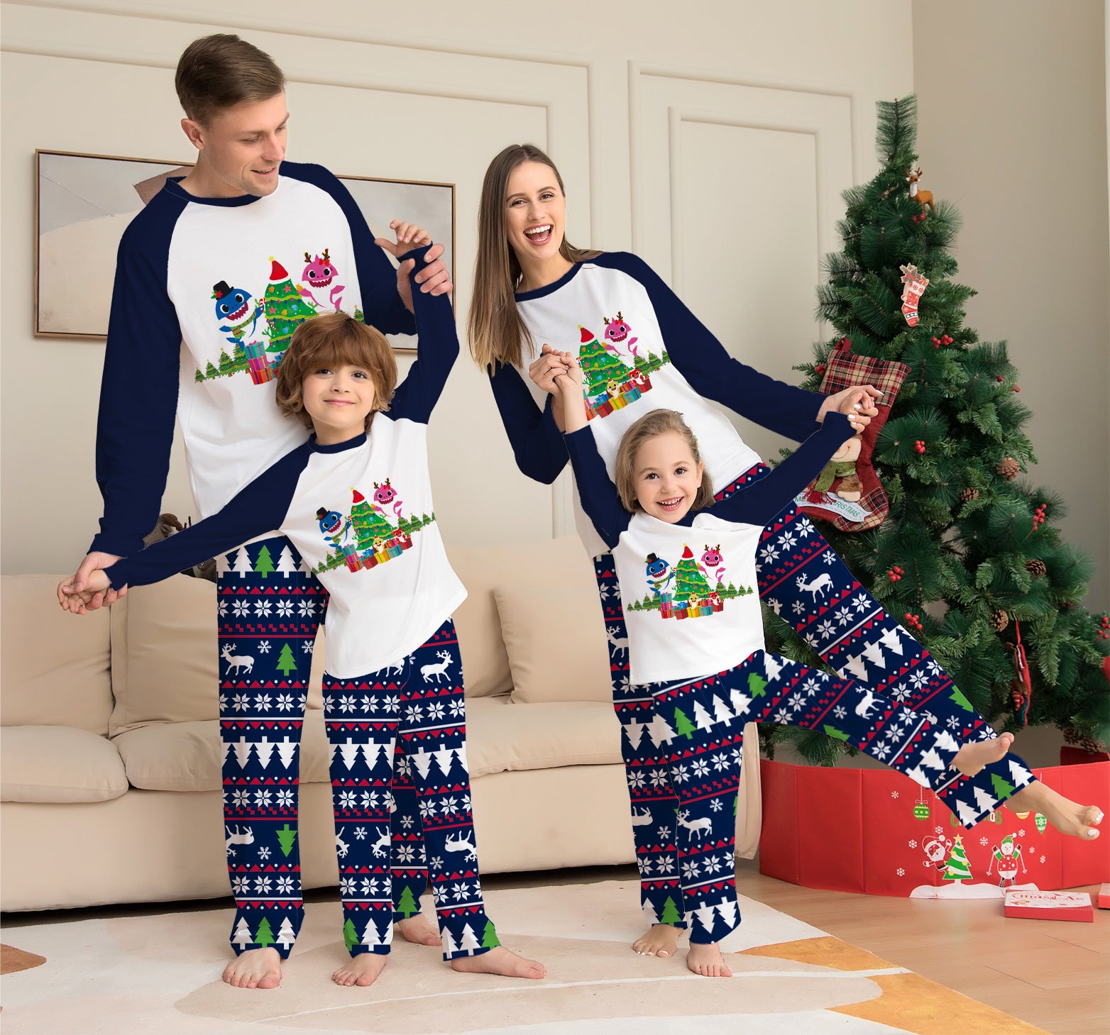 Christmas Tree Deer Print Family Matching Pajama Set Holiday Home Wear Comfortable Sleepwear for Kids and Adults