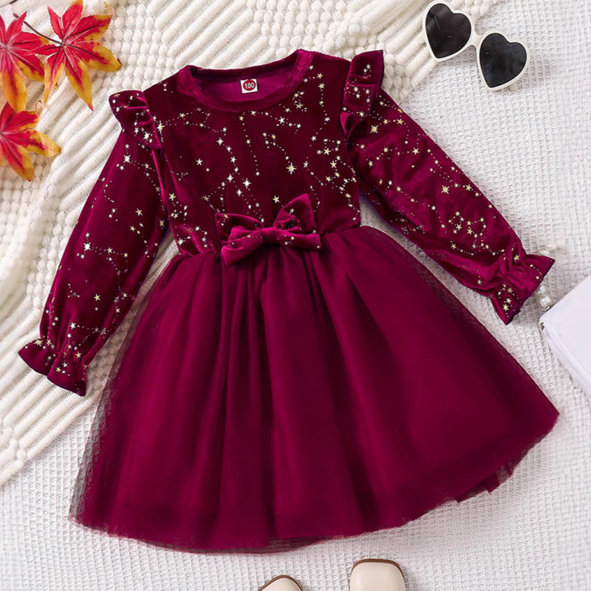 Girls' Dress Spring Autumn Fashionable Children's Princess Dress with Star Print Velvet Dress