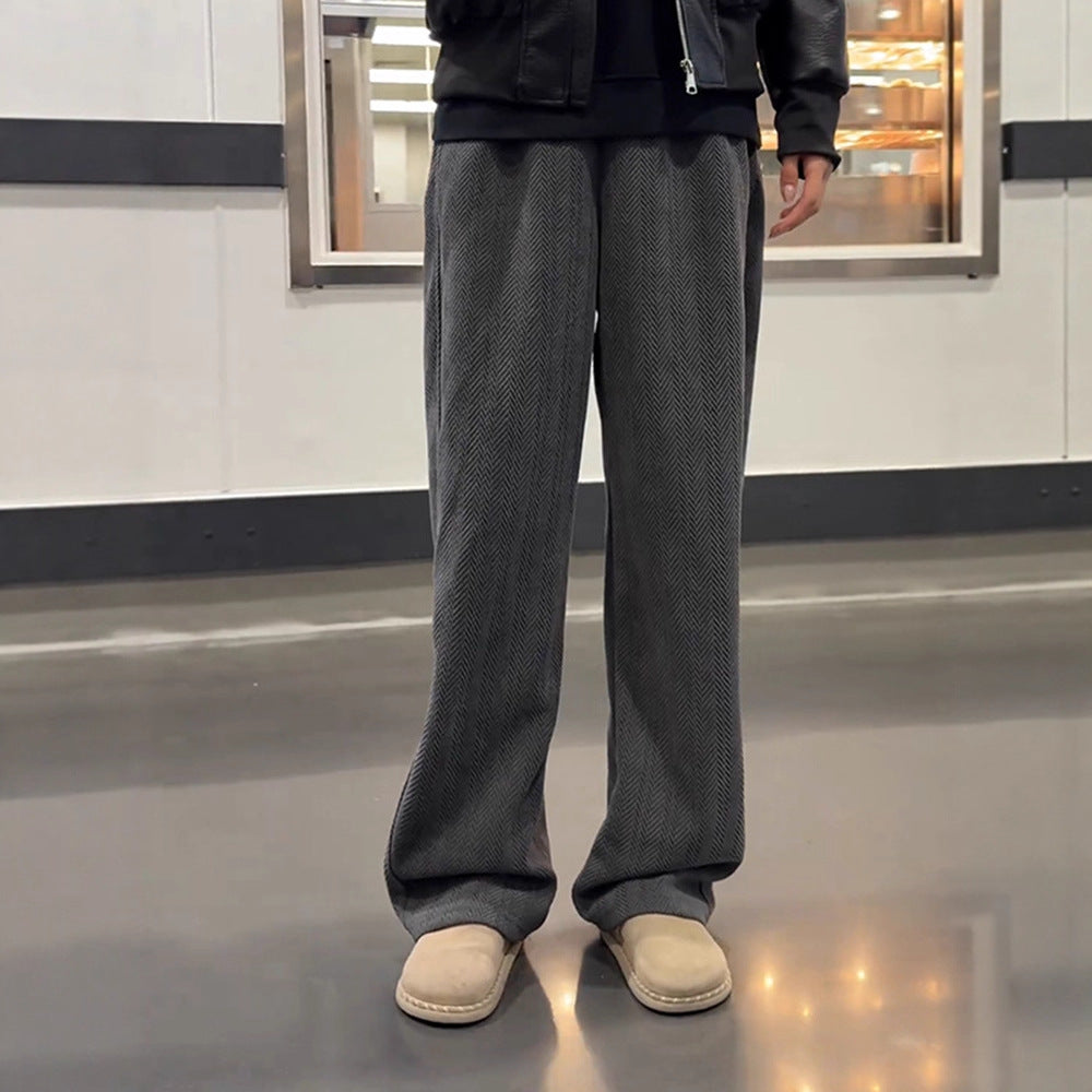 Style Loose Knit Cropped Sweatpants for Men, Deep Gray Herringbone Pattern, Casual Oversized Track Pants