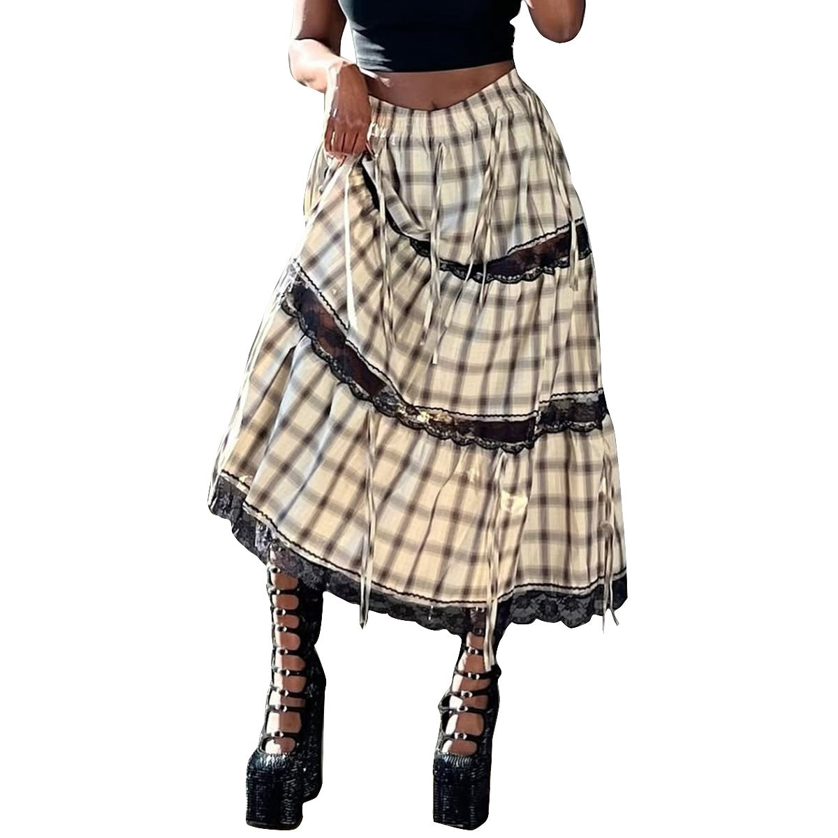 Color blocking plaid double skirt for women
