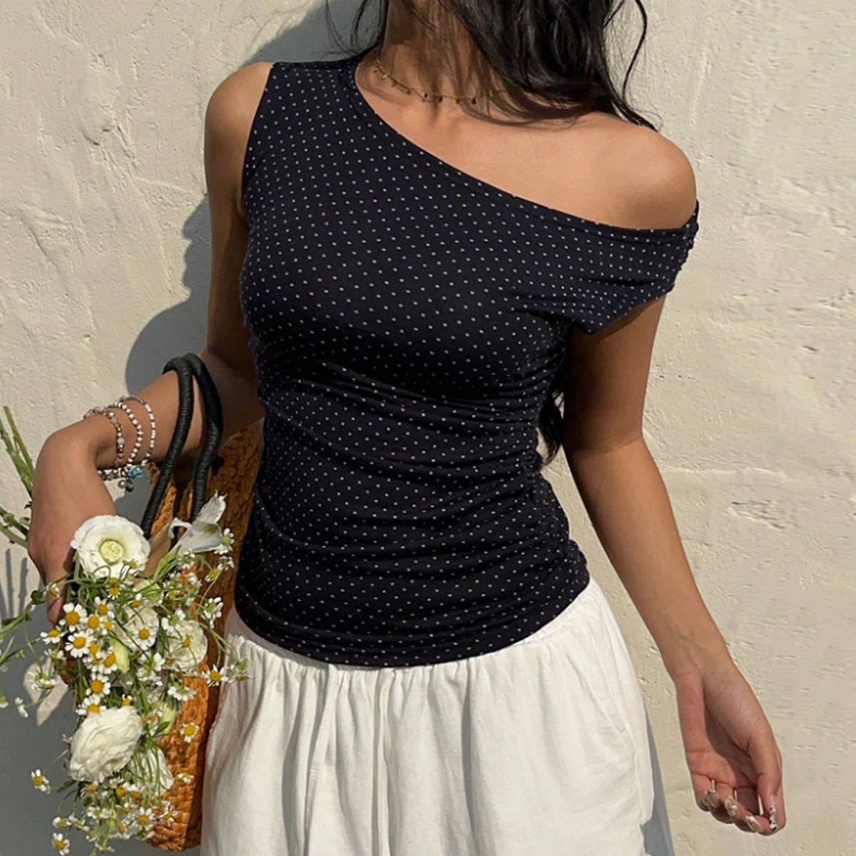 Sexy slim fit rhinestone slanted neck vest for women