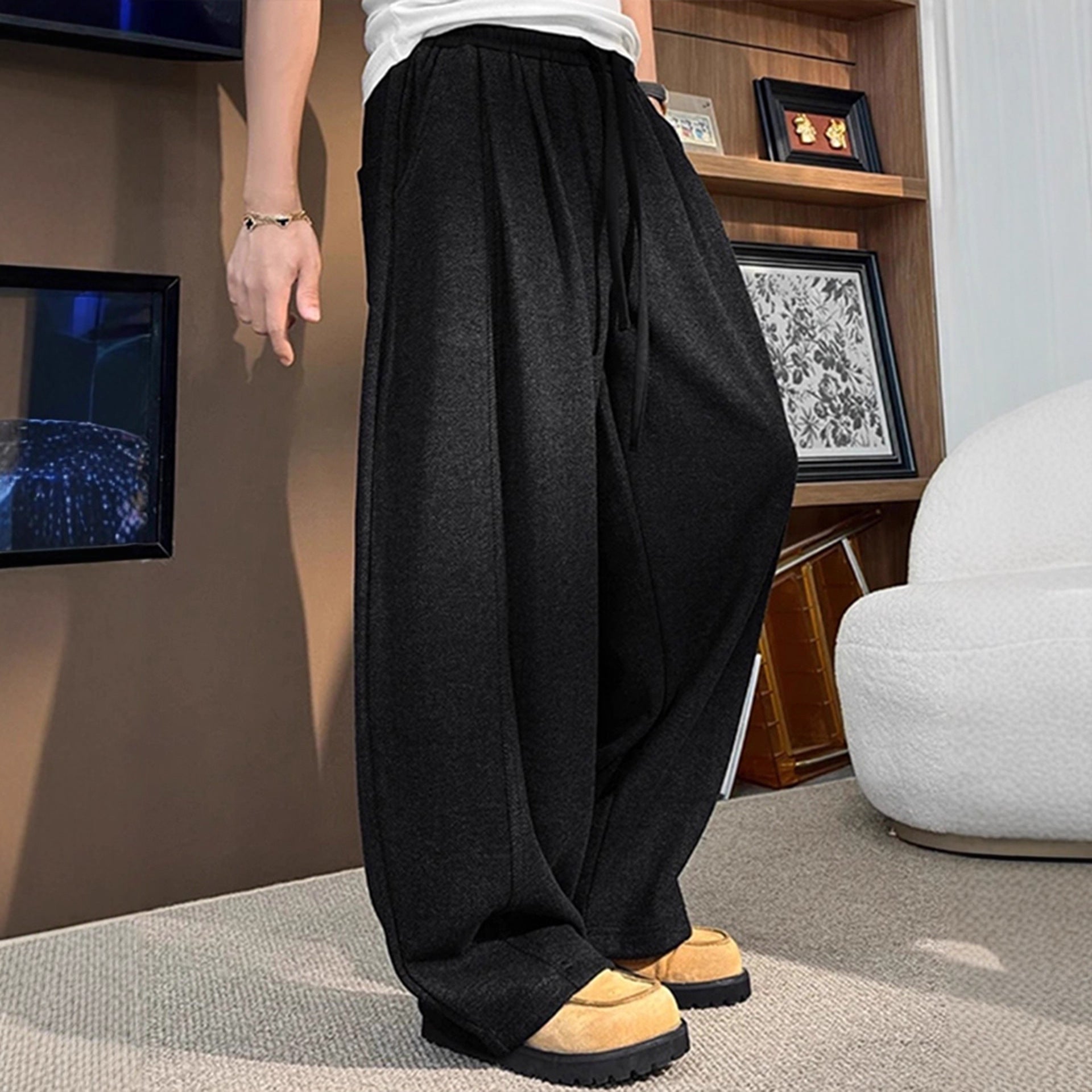 Preppy Style Knitted Knife-Edge Sweatpants Men's Autumn Winter Vintage Corduroy Pants High-end Drape Wide Leg Casual Pants