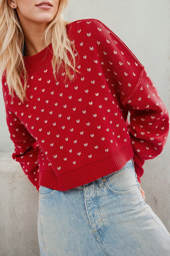 Round neck knitted sweater short loose heart-shaped pullover sweater