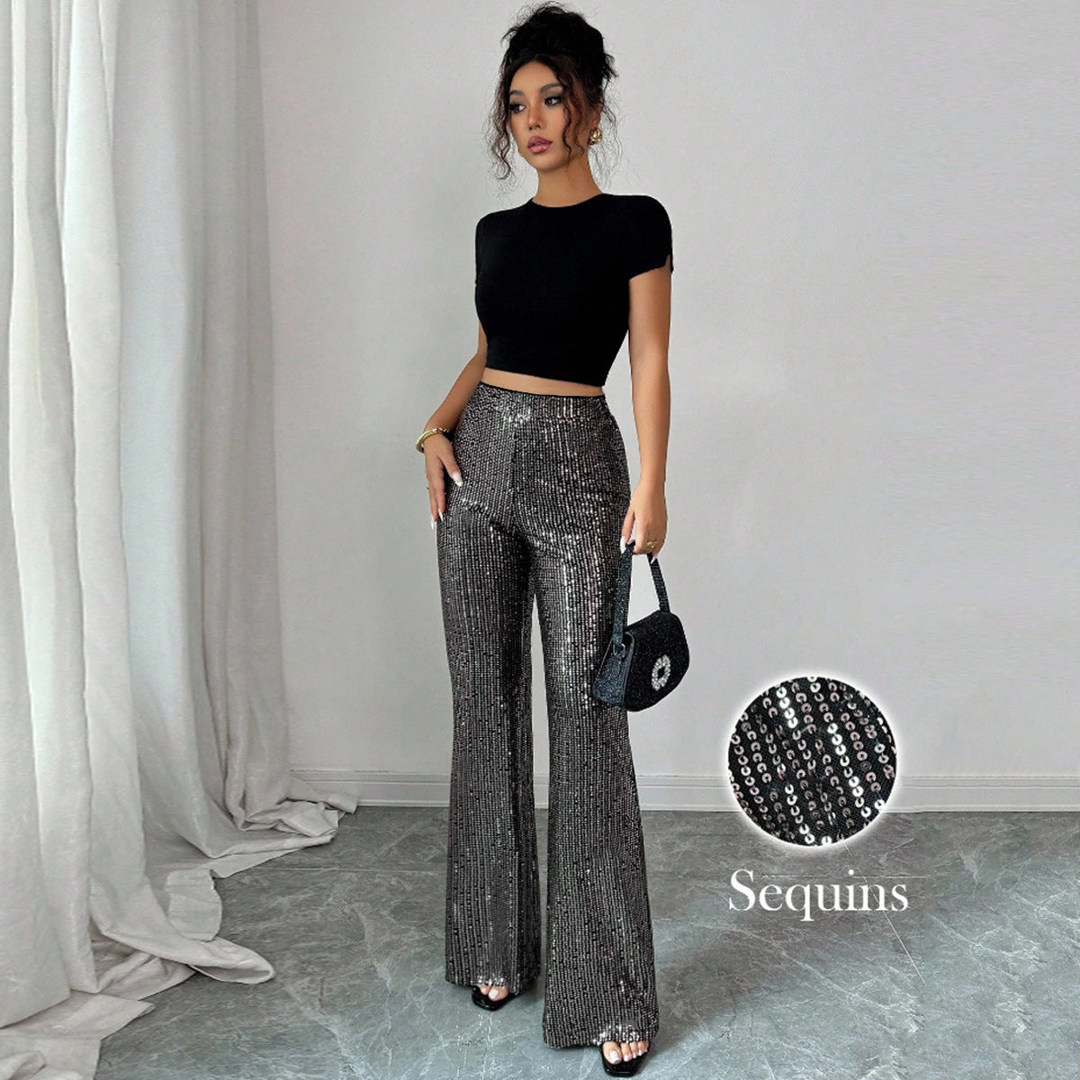Slim fit sequined casual pants for women