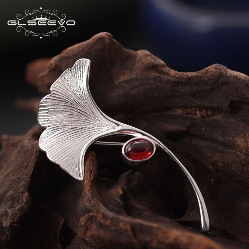 GLSEEVO Ginkgo Biloba Leaf Brooches For Women Wife 925 Sterling Silver Natural Garnet Luxury Brooch Luxury Fine Jewellery