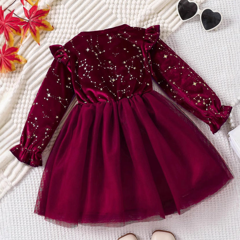 Girls' Dress Spring Autumn Fashionable Children's Princess Dress with Star Print Velvet Dress