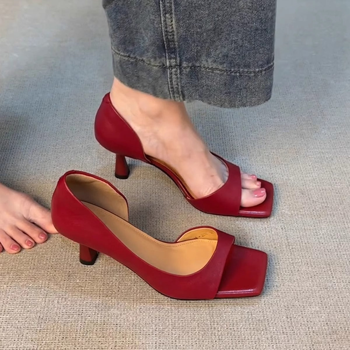 Sexy Toe-Opening Ankle Strap Sandals for Women French Retro Side Hollow Genuine Leather Square Toe High Heels to Match Dresses