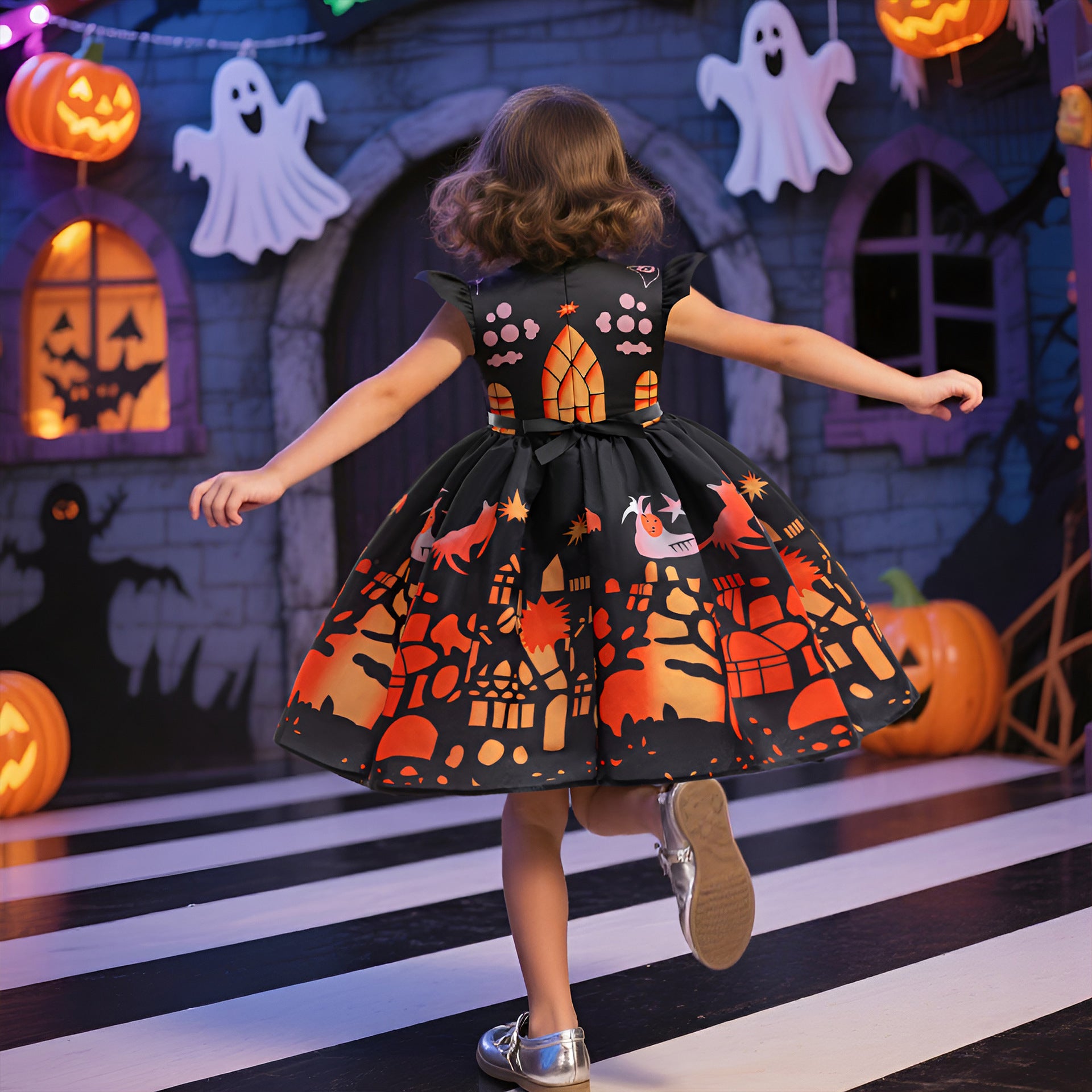 Fancy Halloween Printed Satin Dress for Kids Princess Party Costume Dress
