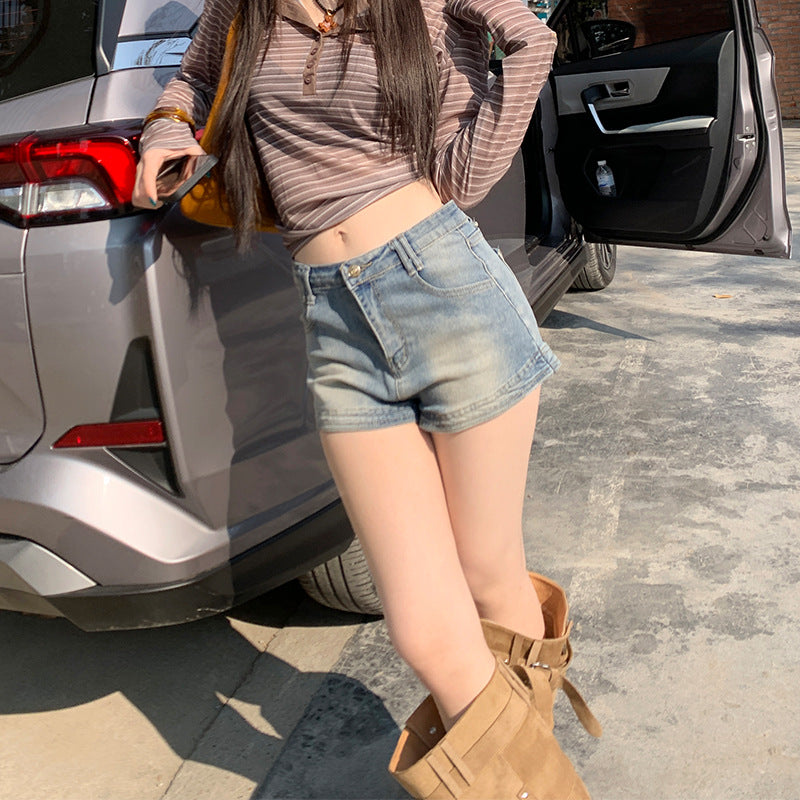 High-Elastic Denim Shorts for Women High Waist Slimming A-Line Distressed Sexy Hot Pants