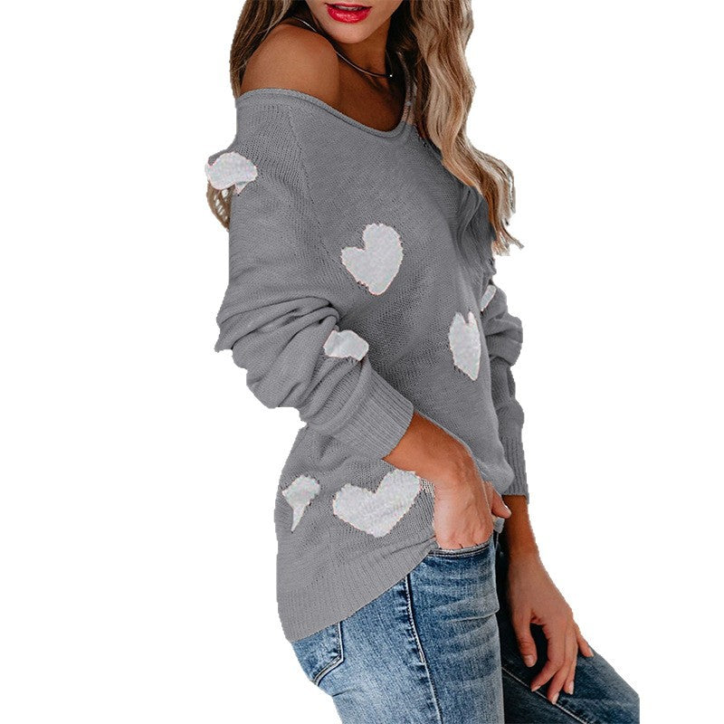 Loose Love Valentine's Day V-neck Knitted sweater pullover sweater for women