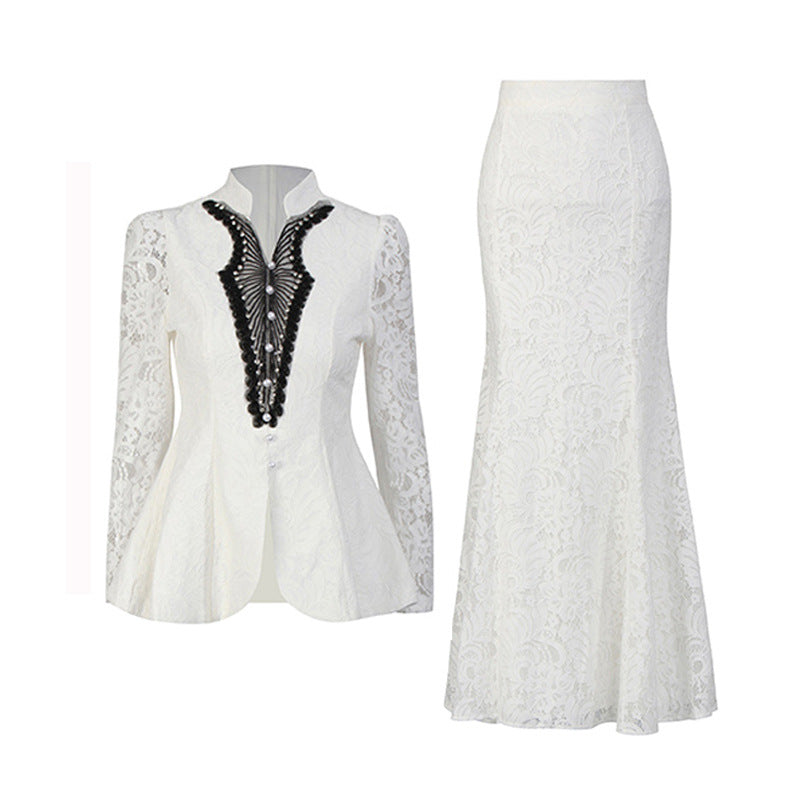 Stand collar lace embroidered waist cinching top+high waisted fishtail skirt