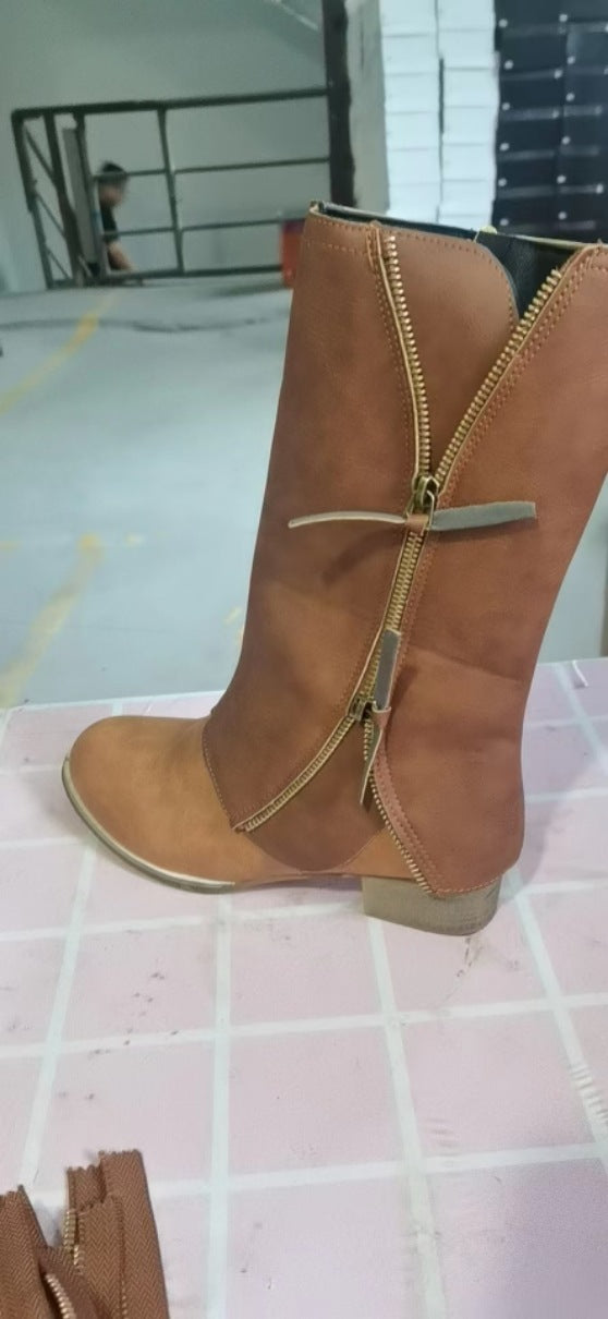 Side zipper thick heel mid leg knight boots for women retro round toe mid heel thin leather boots