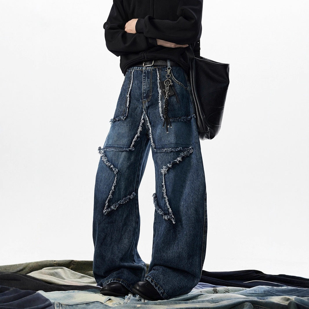 Original Design Patchwork Denim Pants Men's Raw Hem Star Wide Leg Pants Street Style Knife Cut Long Pants