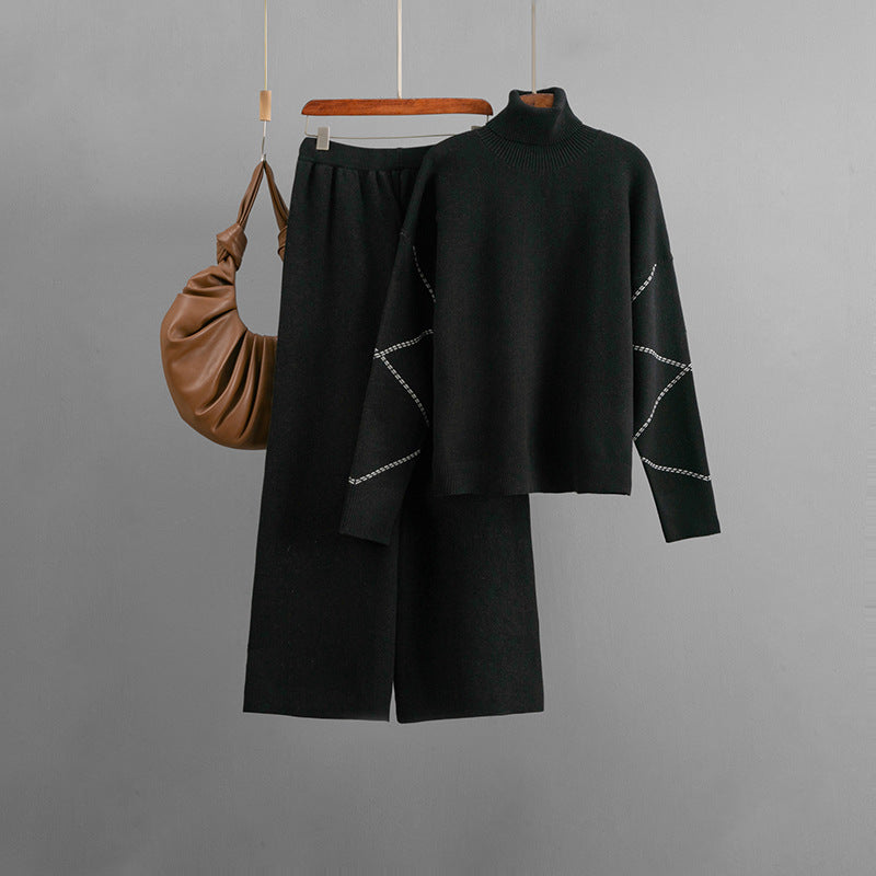 High neck loose sweater+casual wide leg pants two-piece set