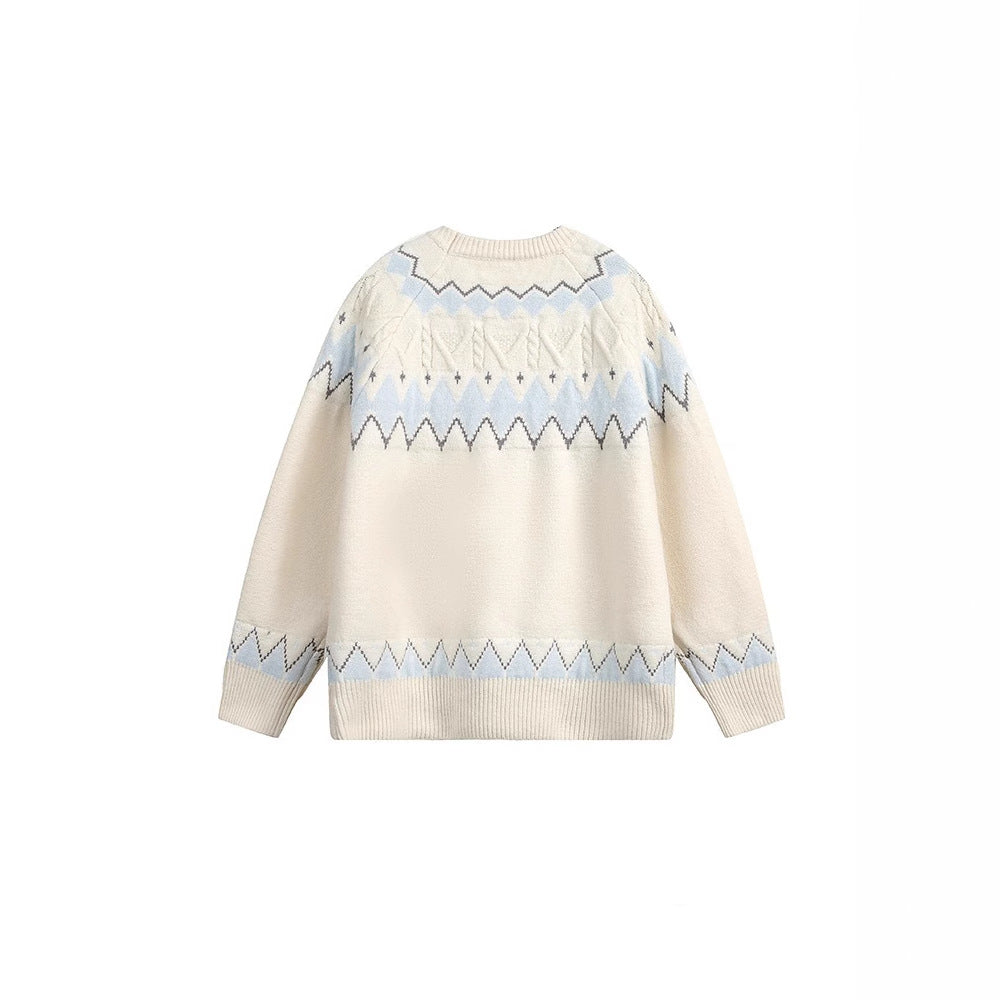 Vintage White Fair Isle Crewneck Sweater Unisex Autumn Winter Soft Cozy Couple Casual Knitwear