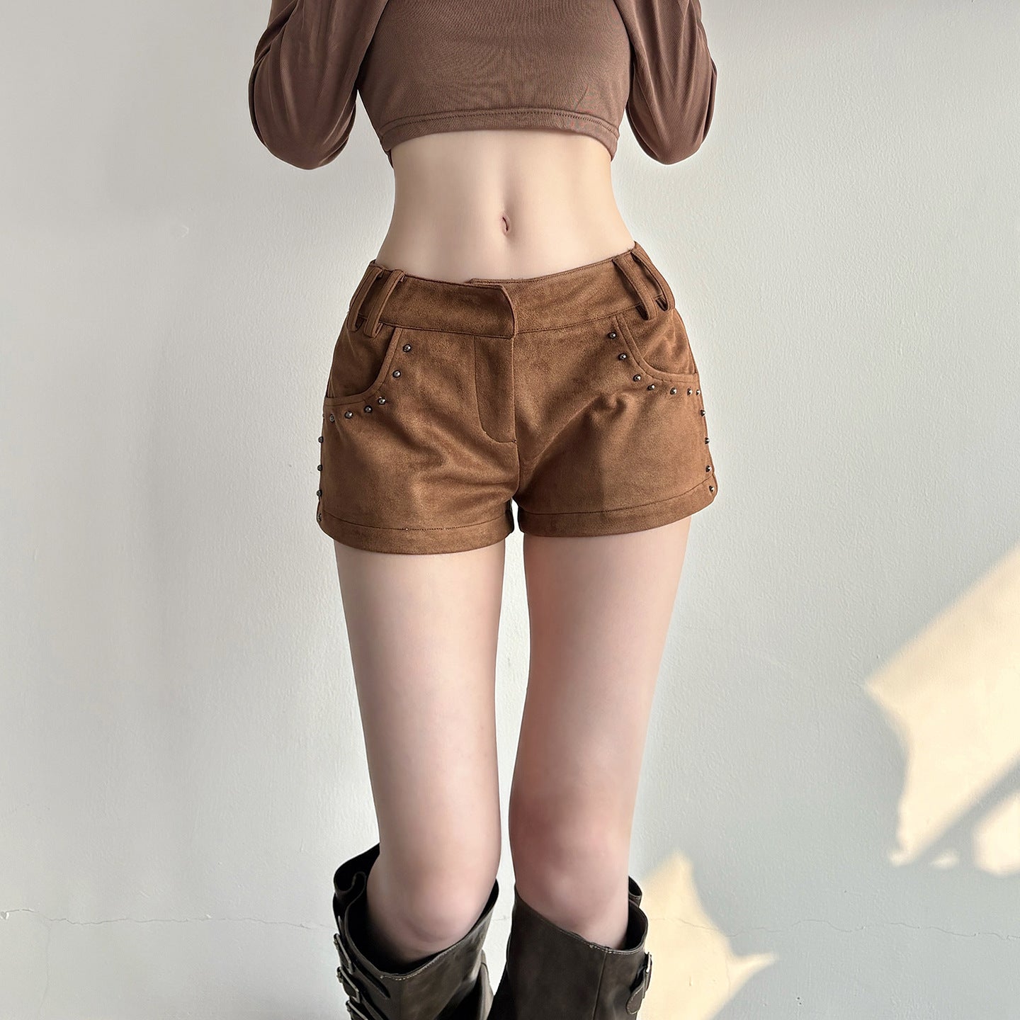 Retro printed low waisted suede versatile staple shorts