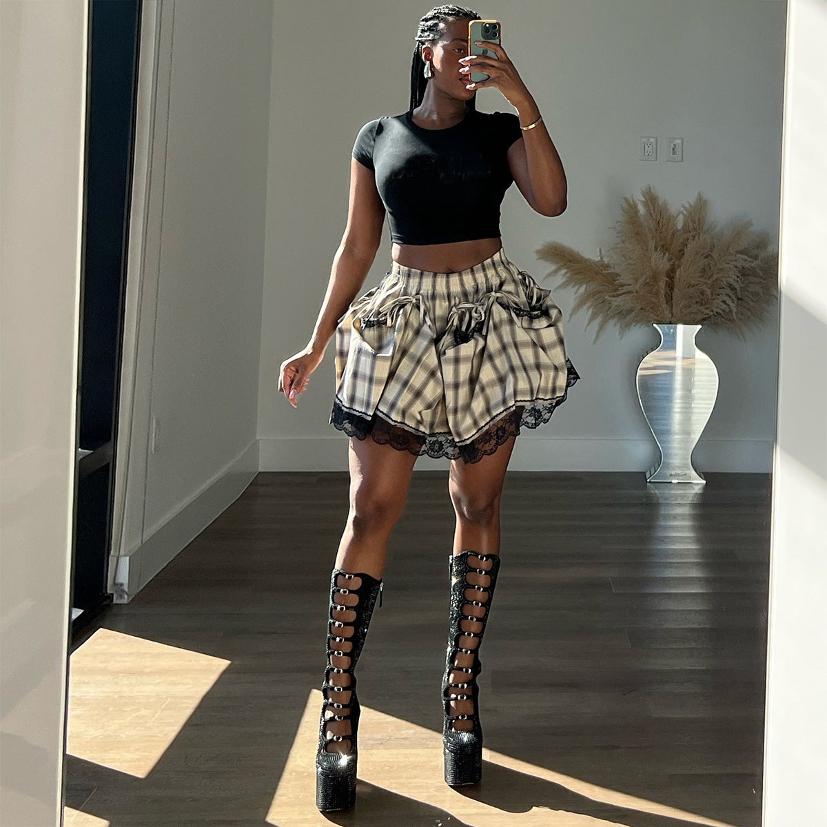 Color blocking plaid double skirt for women