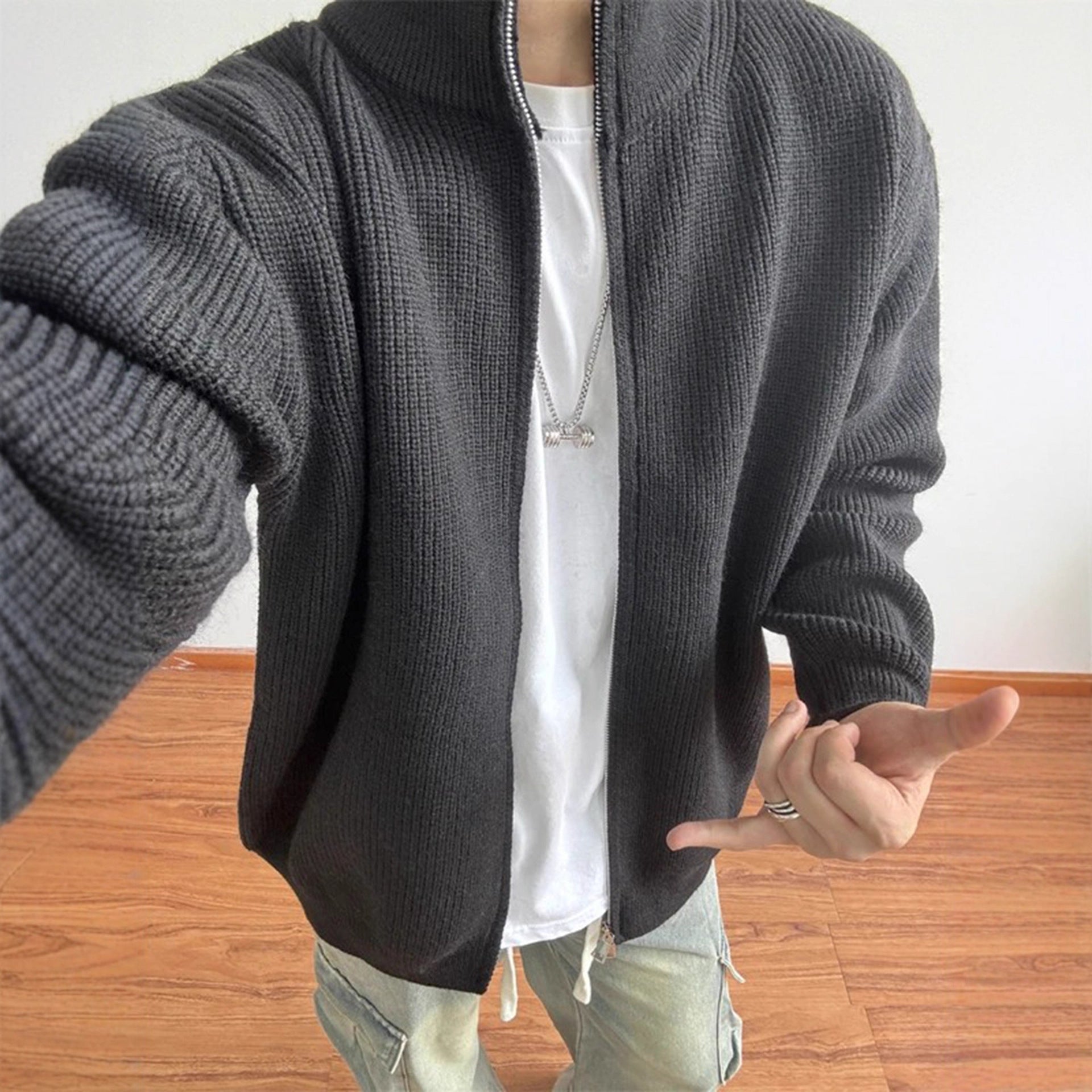 Gray Men's Sweater Autumn Lazy Style Relaxed Knit Cardigan Cleanfit Stand Collar Jacket