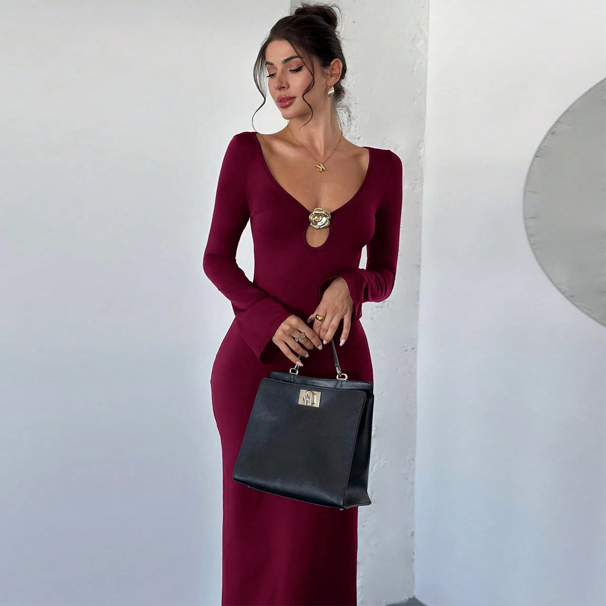 V-neck metal decorative elastic long sleeved dress for women