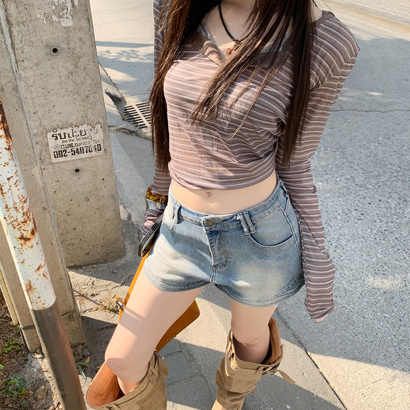 High-Elastic Denim Shorts for Women High Waist Slimming A-Line Distressed Sexy Hot Pants