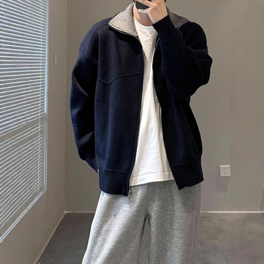 Chic Color-Blocking Knit Cardigan for Men, Design-Focused Turn-Down Collar Sweater Coat, Casual Knitwear for Autumn and Winter