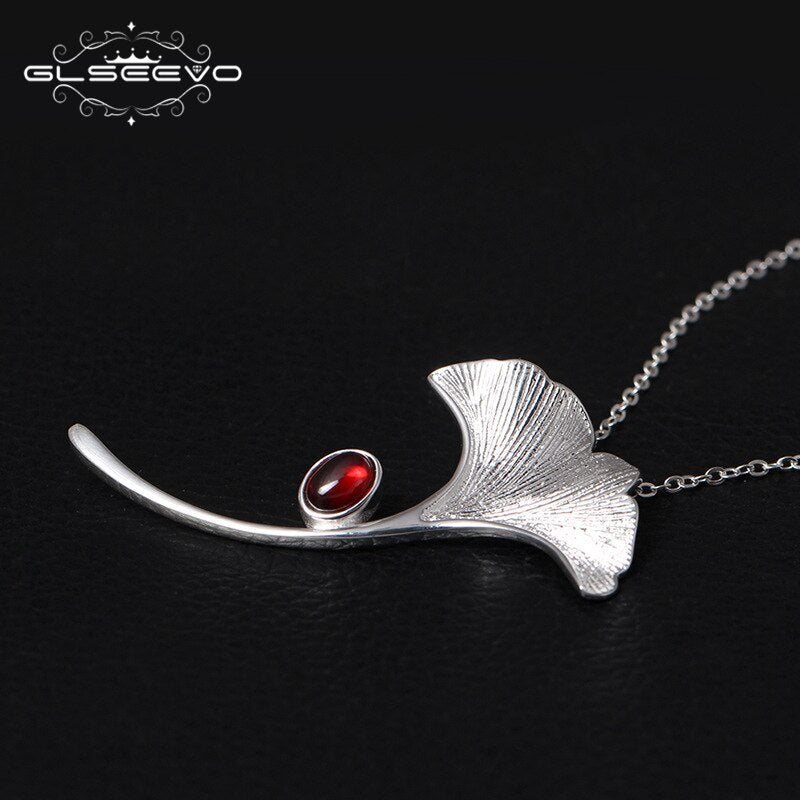 GLSEEVO Ginkgo Biloba Leaf Brooches For Women Wife 925 Sterling Silver Natural Garnet Luxury Brooch Luxury Fine Jewellery
