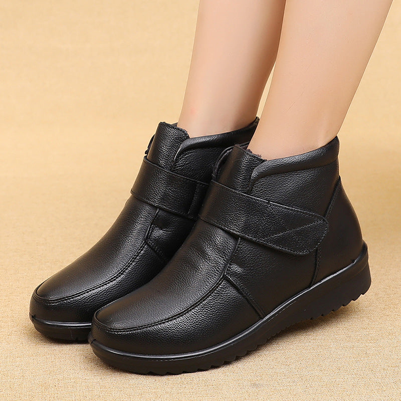 Cotton Shoes Women's Winter Cowhide Middle-aged and Elderly Women's Shoes Thickened Fleece Lined Short Boots Flat Sole Lightweight