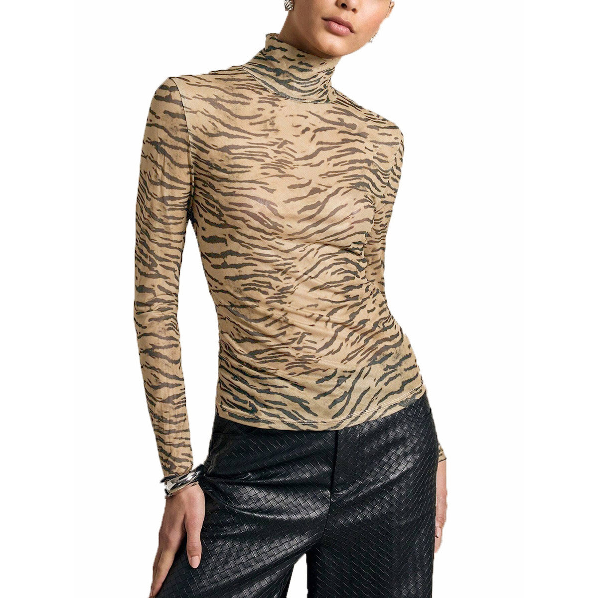 Sexy slim fit mesh see through printed top for women