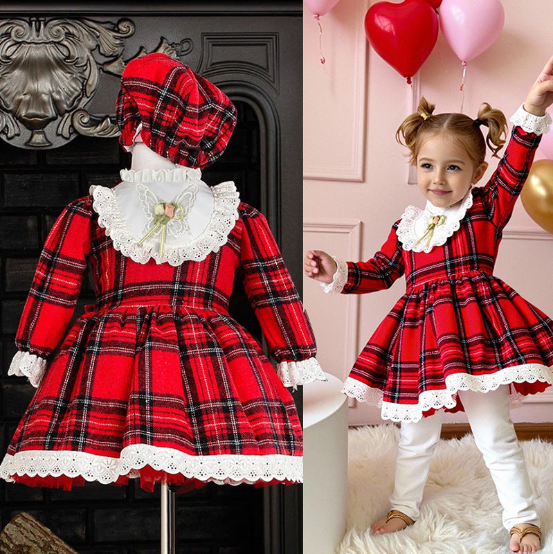 Stylish plaid long-sleeved dress for girls, perfect for spring, autumn, and Christmas, plus a hat.