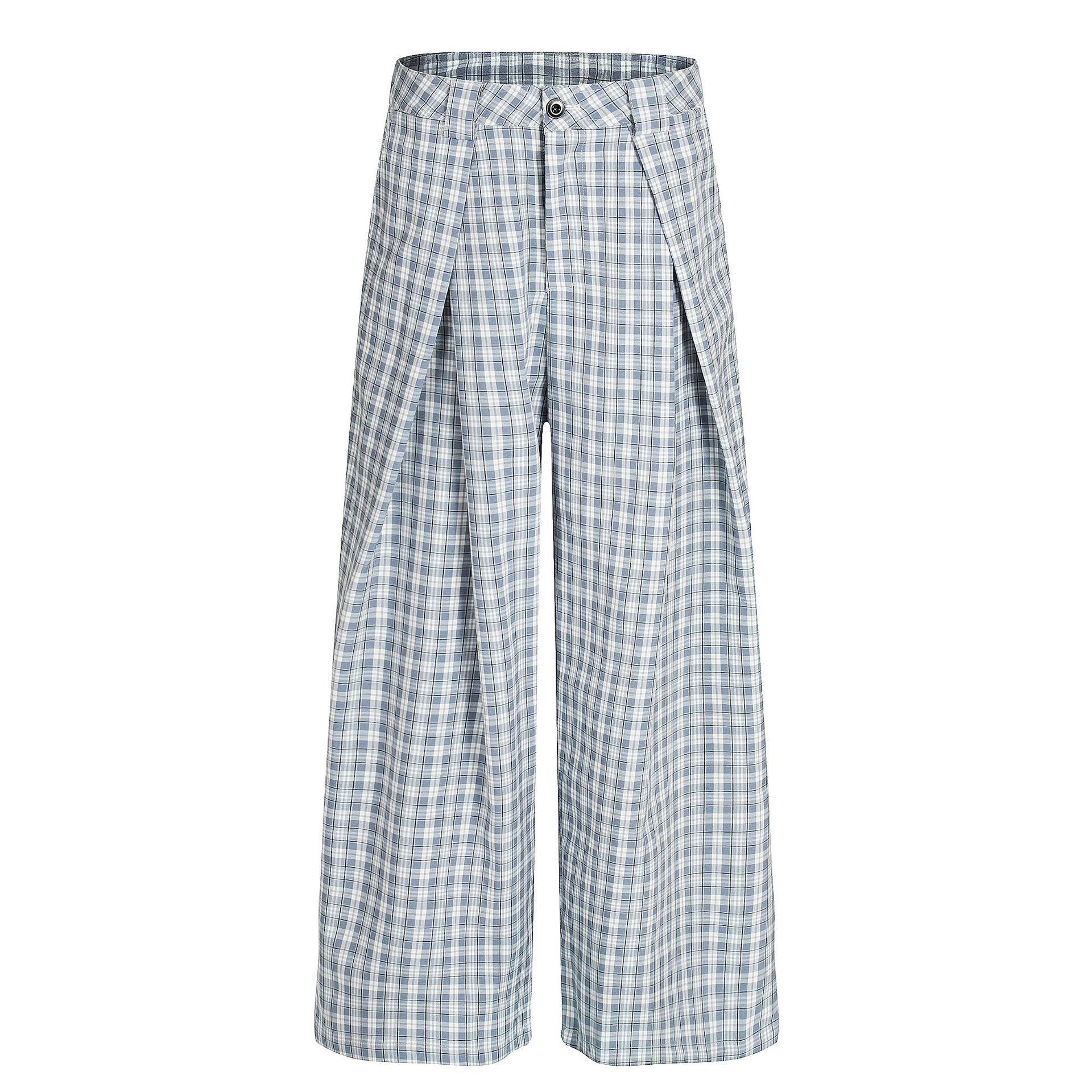 Retro Unisex High-End Street Style Plaid Pleated Loose Fit Men's Casual Trousers