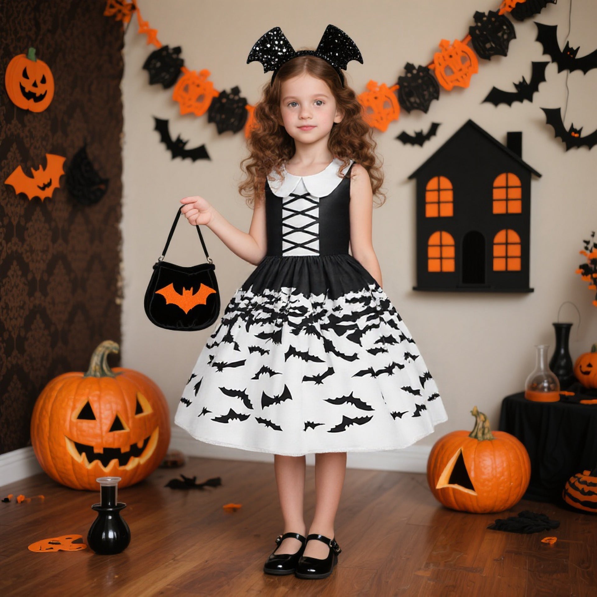 Halloween Printed Dress for Girls with Candy Bag Princess Style Children's Dress