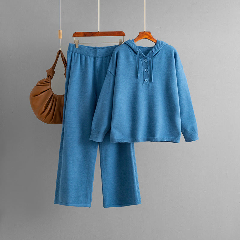 Hooded loose button sweater+wide leg pants two-piece set for women