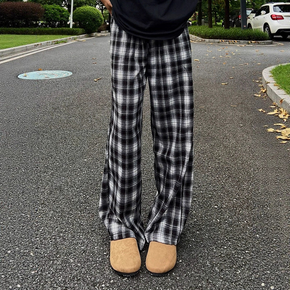 Drapey High-End Slash Pants Men  Retro Lazy Style Plaid Pants Clean Fit Straight Leg Slightly Flared Pants