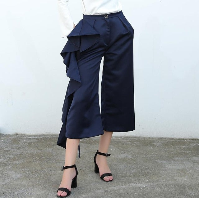 Ruffle Trousers for Women High Waist Wide Leg Pants Female Casual Palazzo Bottoms Large Sizes