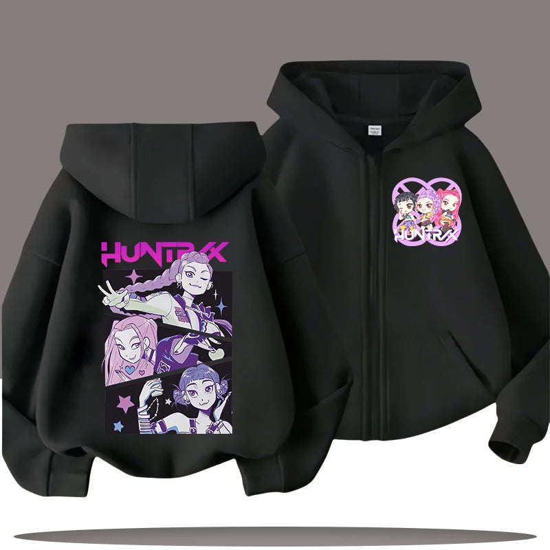 K-pop Demon Hunters Hooded Coat for Child Anime Huntrix Rumi Zoey Cartoon Fashion Zip Jacket Boy Girl Cute Top Kids Clothes Gift