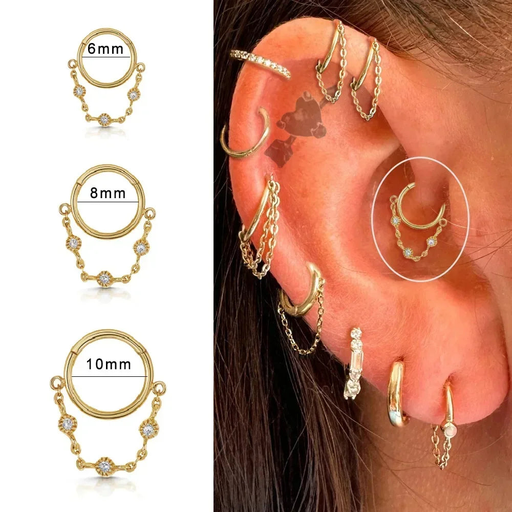 Fashion Punk Circle Pendant Tassel Zircon Hoops Ear Nose Ring For Women Girl Cartilage Daith Septum Piercing Earrings Jewelry